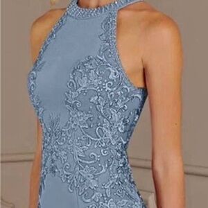 Chic Sleeveless Blue Lace Maxi Dress